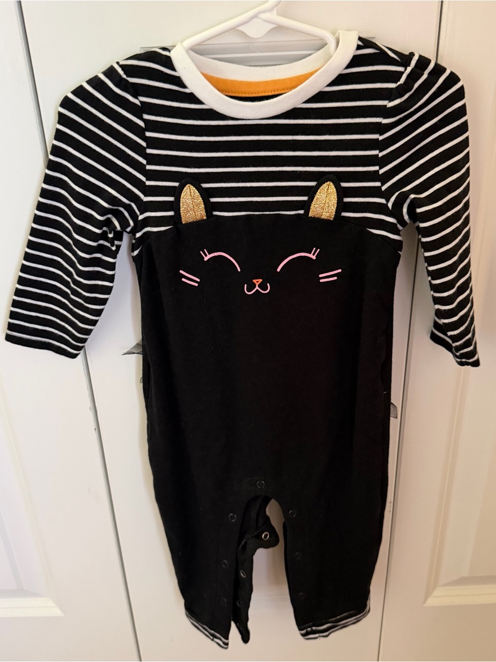 Cat & Jack Black Striped Baby Footie with Pink Cat Face and Gold Ears